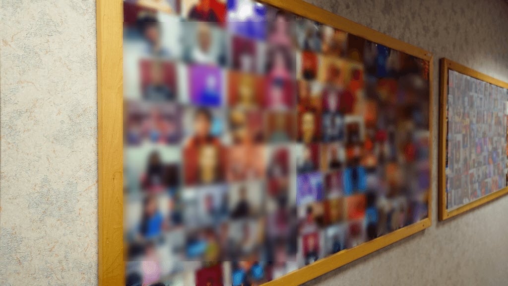 Colorful photo bulletin board in the PressVision office